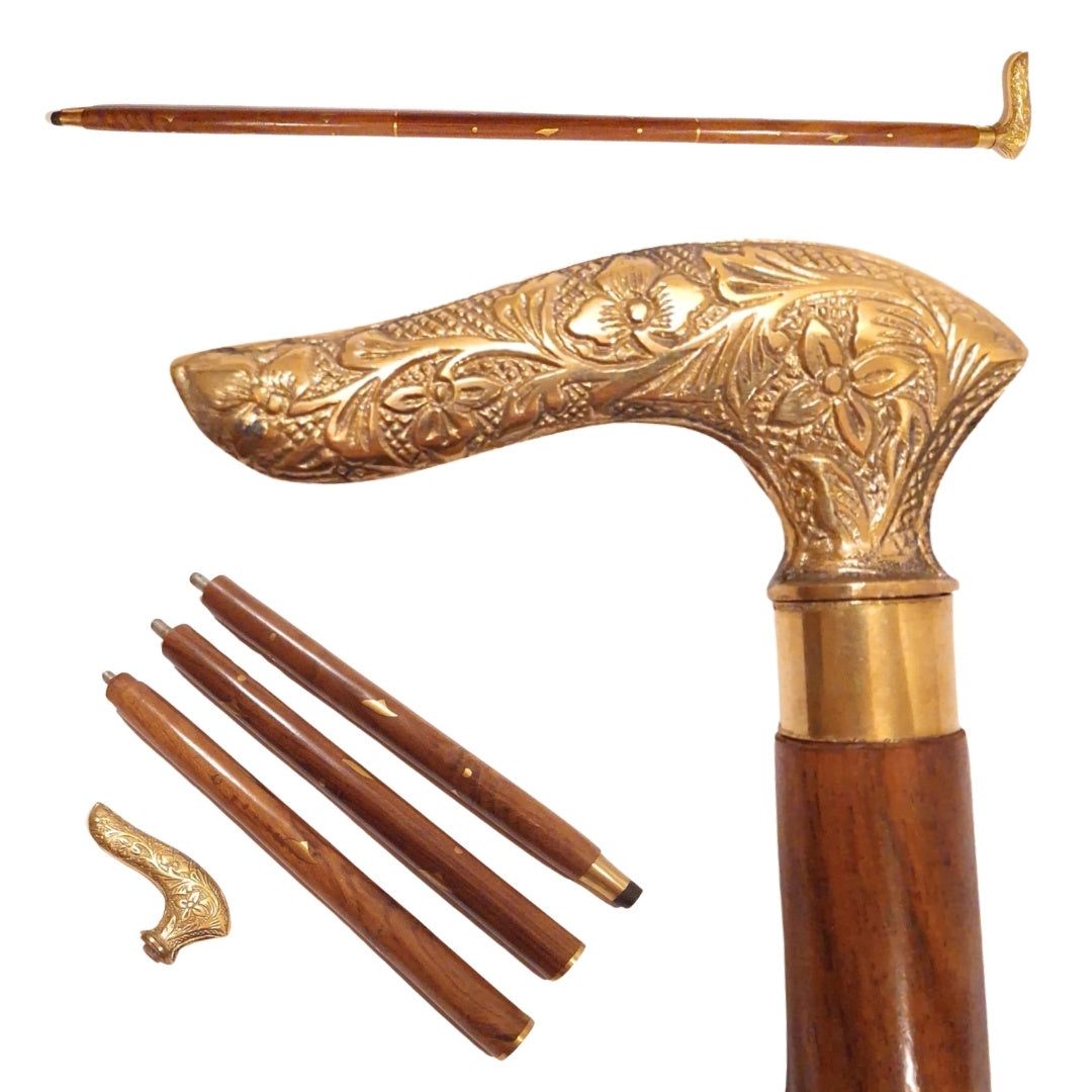 Bastón plegable para caminar DNU-015 con mango de madera y empuñadura de latón