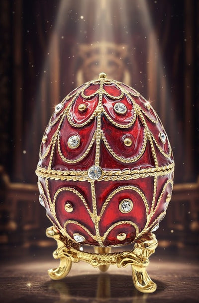 Exclusiva caja metálica Fabergé con cristales en color rojo y dorado, posibilidad de personalización con grabado, ideal para regalo, dimensiones 5,5x6,5 cm