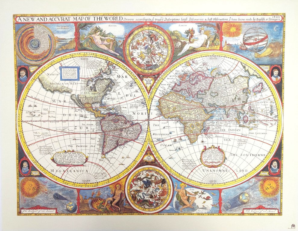 Mapa Mundial Retro con Grabado - Decoración Personalizada para Regalo - Reimpresión de John Speed de 1651 - Dimensiones 52 x 39 cm - Gráfica Colorida y Detallada