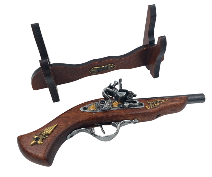 Réplica de pistola italiana del siglo XVII en soporte con posibilidad de personalización mediante grabado - Elemento decorativo elegante para regalo, fabricado en madera y metal pulido, longitud 30 cm
