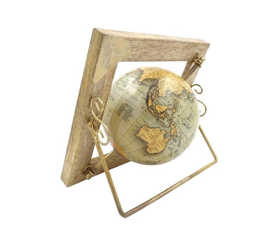 Globo Decorativo GLB-40 en Marco de Madera con Posibilidad de Personalización con Grabado, Mapa Azul y Amarillo, Diámetro 15 cm