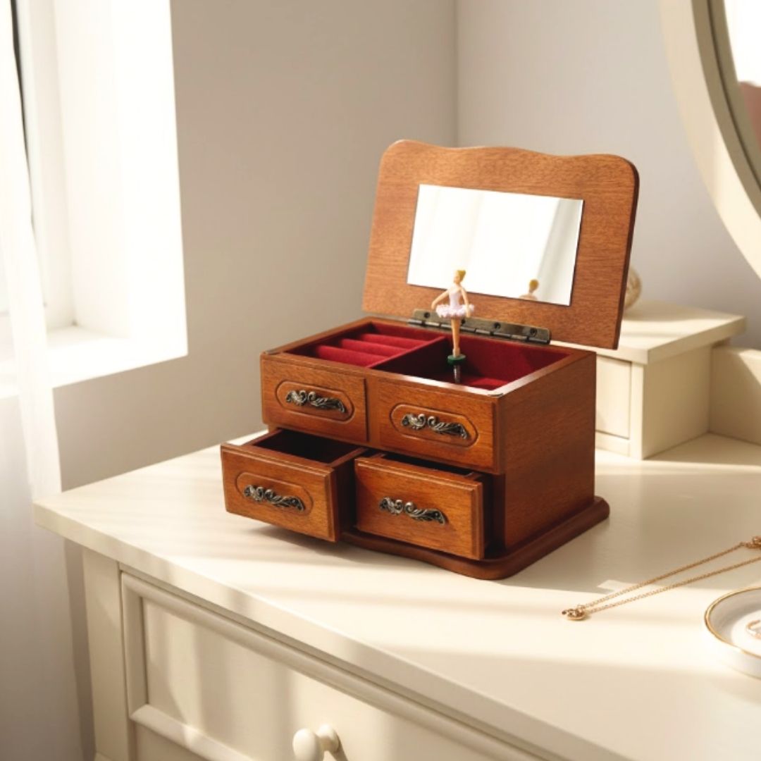 Caja de música de madera tipo joyero con espejo y grabado: un elegante regalo para joyas con dos cajones, 10cm de alto, melodía «The Entertainer»