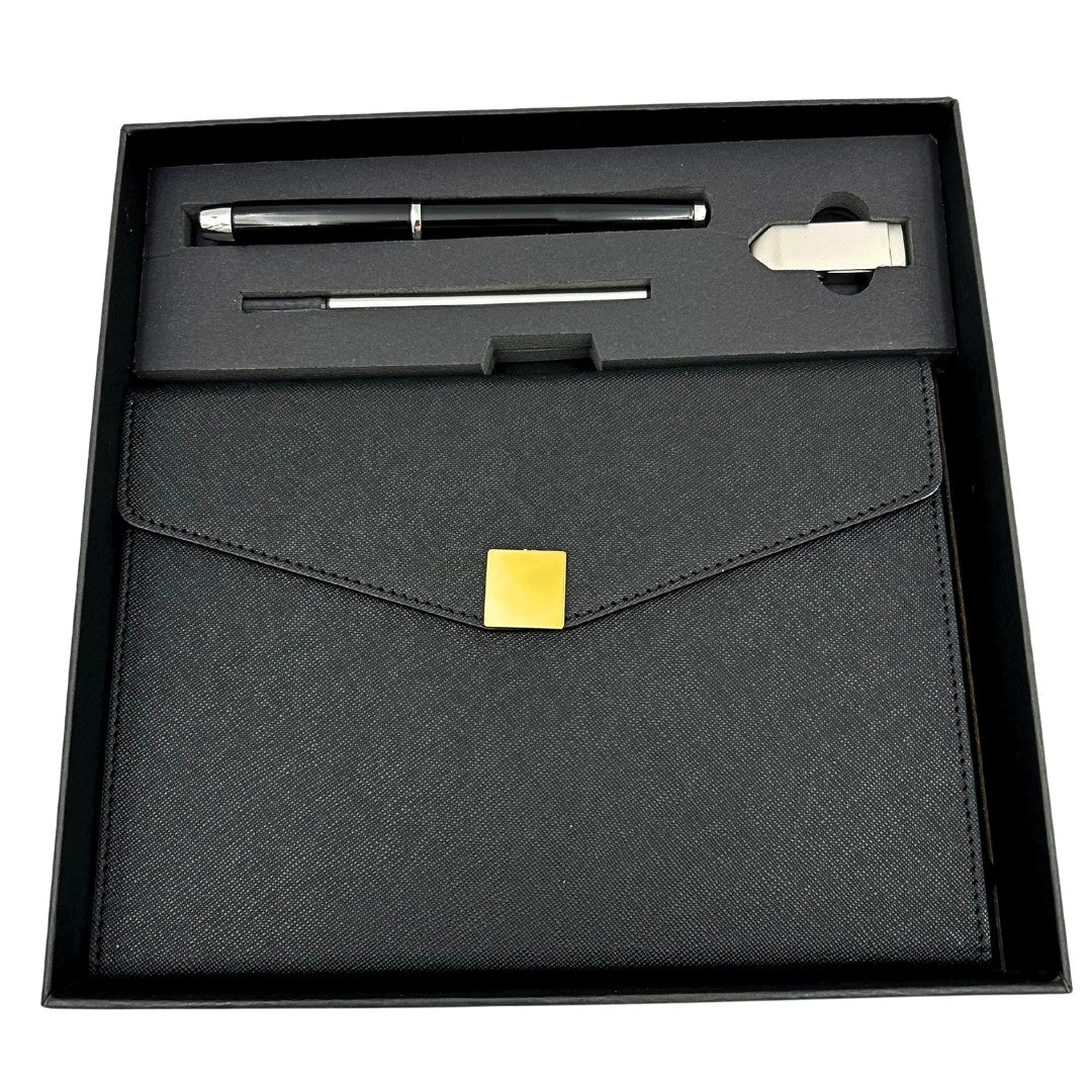 Elegante set de regalo premium con personalización – Cuaderno de cuero A5, bolígrafo y pendrive de 16GB en caja negro y dorado