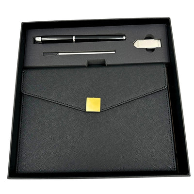 Elegante set de regalo premium con personalización – Cuaderno de cuero A5, bolígrafo y pendrive de 16GB en caja negro y dorado