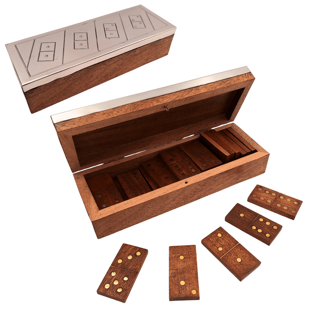 Elegante Dominó en Caja de Madera con Tapa de Aluminio