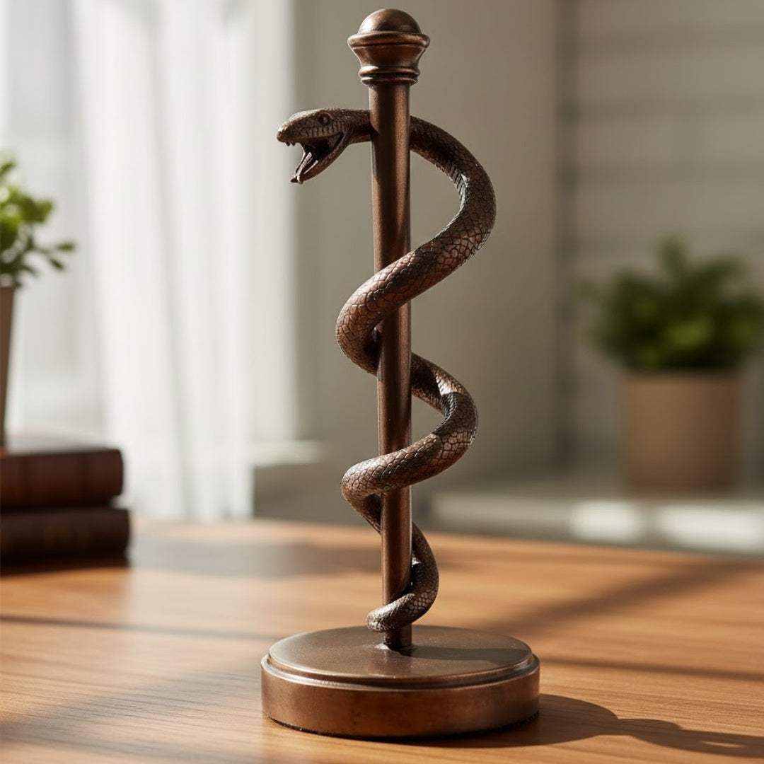 Figura del Bastón de Asclepio de 30 cm de resina - regalo personalizado para médico, enfermera o farmacéutico - decoración marrón/latón con grabado