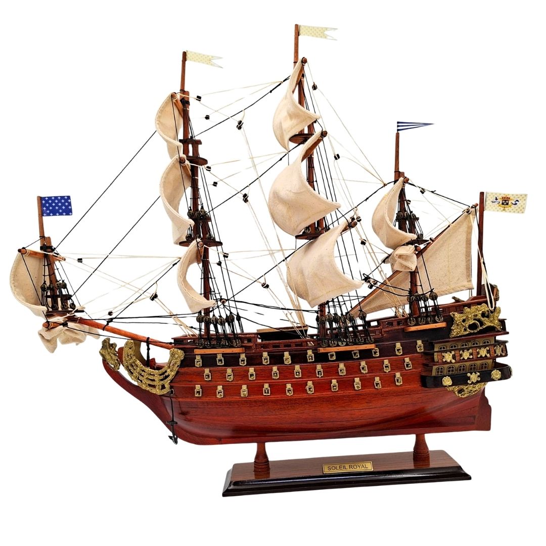 Modelo montado del velero Soleil Royal de 46 cm - Hecho a mano con madera exótica y posibilidad de personalización mediante grabado
