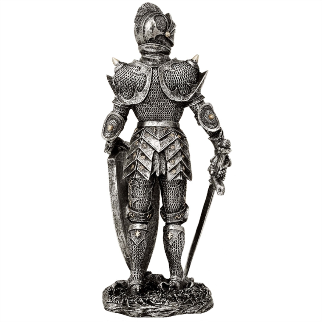 Figura decorativa Caballero en armadura plateada 30 cm con opción de grabado personalizado - Regalo elegante para amantes de la historia y fantasía, pintada a mano en poliresina  
