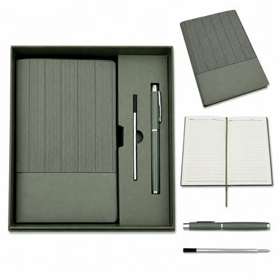 Set de Regalo Elegante con Grabado Personalizado - Cuaderno de Piel A5 en Verde Oliva con Bolígrafo y Recambio en Caja Estética de Regalo