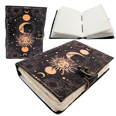 Cuaderno de cuero Sol y Luna decorativo de 200 páginas con posibilidad de personalización con grabado, azul marino, hecho de piel de cabra, ideal para regalo