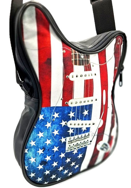 Bolso de hombro con forma de guitarra con bandera estadounidense – impermeable, con correa ajustable, posibilidad de personalización mediante grabado
