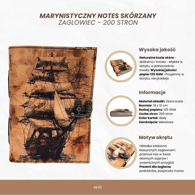 Cuaderno de cuero marinero velero retro con grabado