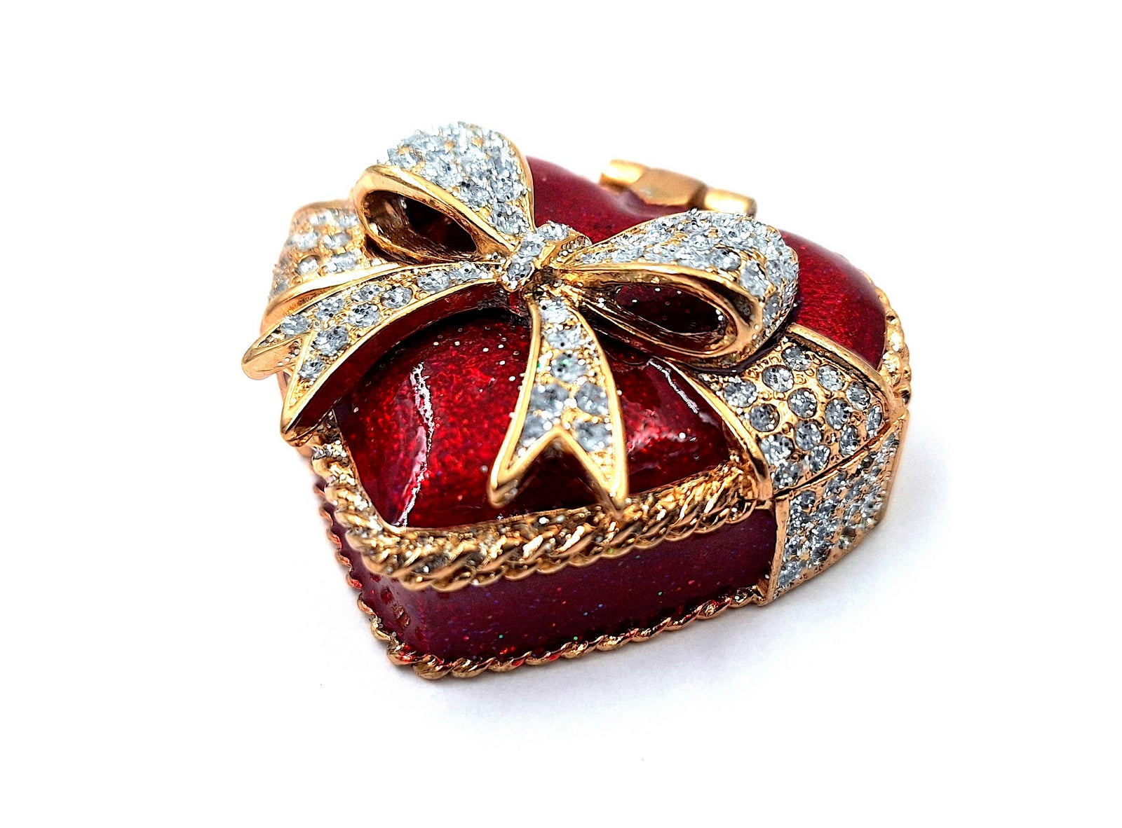 Caja metálica para joyas en forma de corazón con cristales, rojo, dorado y plateado, posibilidad de personalización con grabado, ideal para regalo romántico, dimensiones 4,8 x 4 x 2,5 cm
