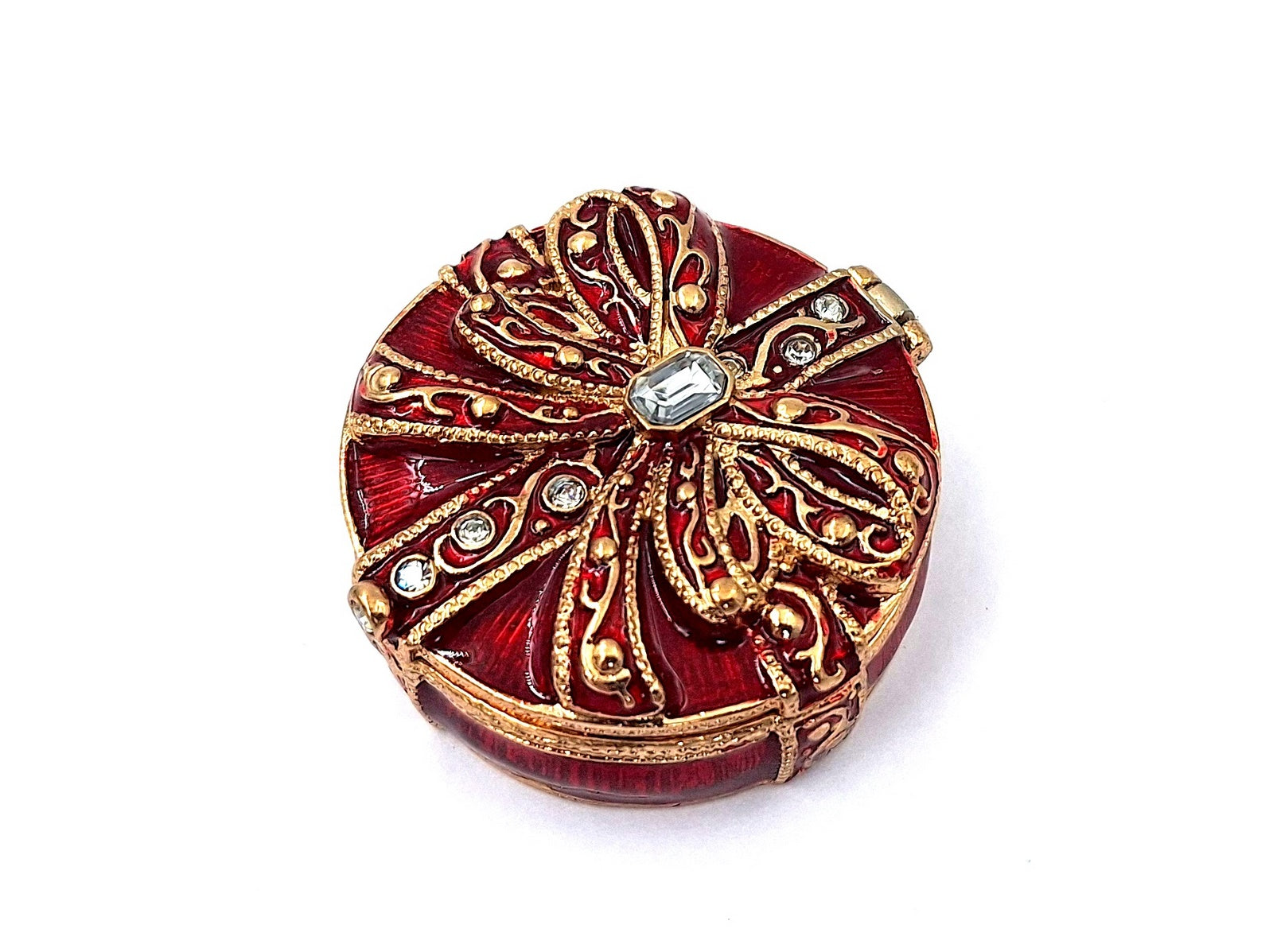 Exclusiva caja metálica de regalo con cristales B0118-08 en color rojo y dorado, posibilidad de personalización con grabado, ideal para joyas y regalo elegante para cualquier mujer, dimensiones 4x4x1 cm, estilo glamour