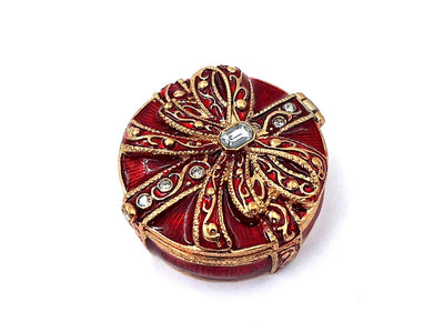 Exclusiva caja metálica de regalo con cristales B0118-08 en color rojo y dorado, posibilidad de personalización con grabado, ideal para joyas y regalo elegante para cualquier mujer, dimensiones 4x4x1 cm, estilo glamour