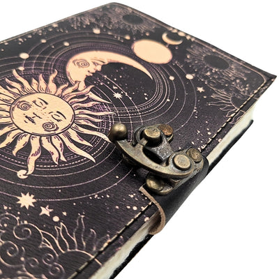 Cuaderno de cuero Sol y Luna decorativo de 200 páginas con posibilidad de personalización con grabado, azul marino, hecho de piel de cabra, ideal para regalo