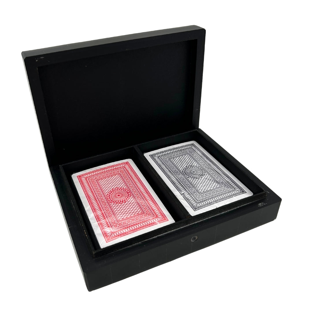Conjunto elegante de dos barajas de cartas en caja de resina con posibilidad de personalización con grabado