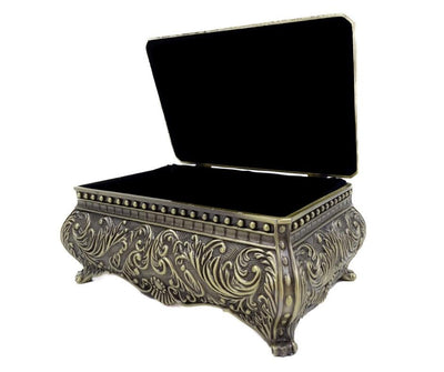 Elegante caja metálica decorativa con grabado