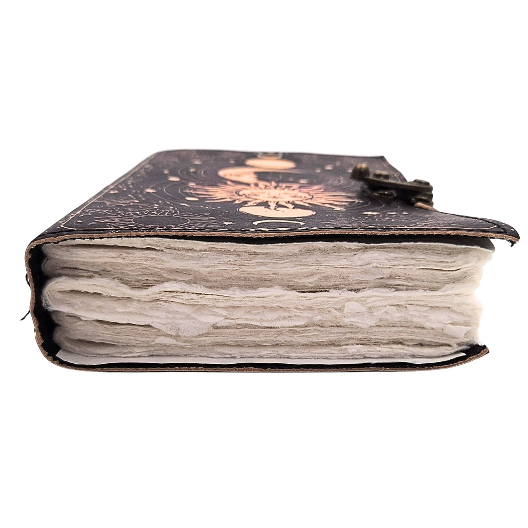 Cuaderno de cuero Sol y Luna decorativo de 200 páginas con posibilidad de personalización con grabado, azul marino, hecho de piel de cabra, ideal para regalo
