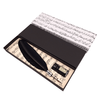 Elegante set de caligrafía con pluma de ganso negra con plumilla, tinta y opción de grabado personalizado
