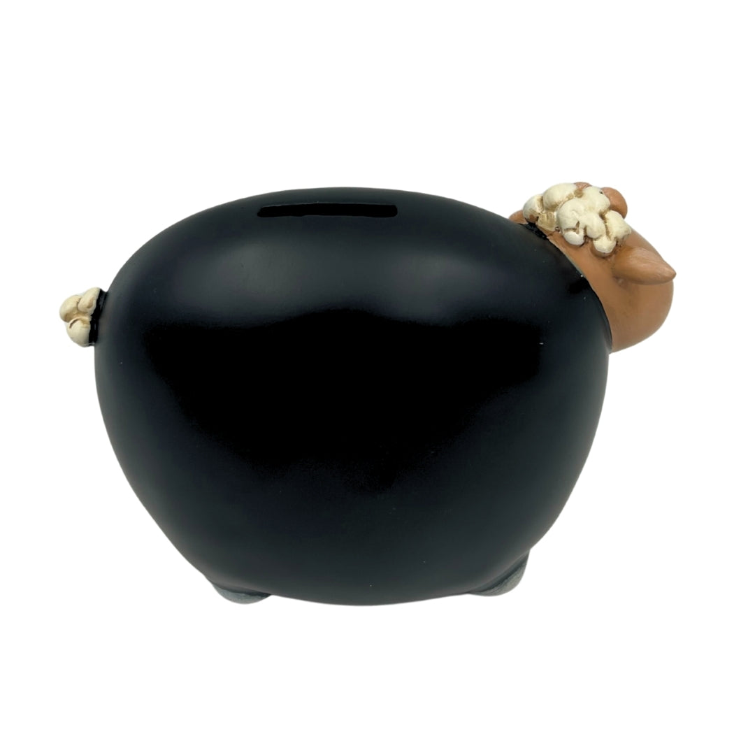 Hucha Ovejita con Pintura de Pizarra con posibilidad de personalización - Negra con elementos beige y blanco, altura 19,5 cm