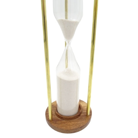 Reloj de arena de latón y madera de 30min, personalizable con grabado: un regalo elegante para cualquier ocasión, 30,5cm de alto, arena blanca y materiales clásicos