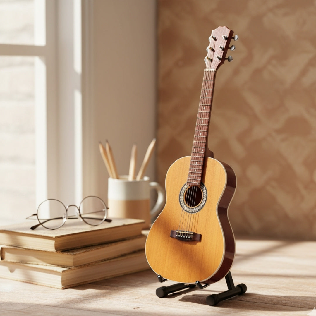 Mini guitarra clásica con grabado - decoración de madera de caoba 25 cm