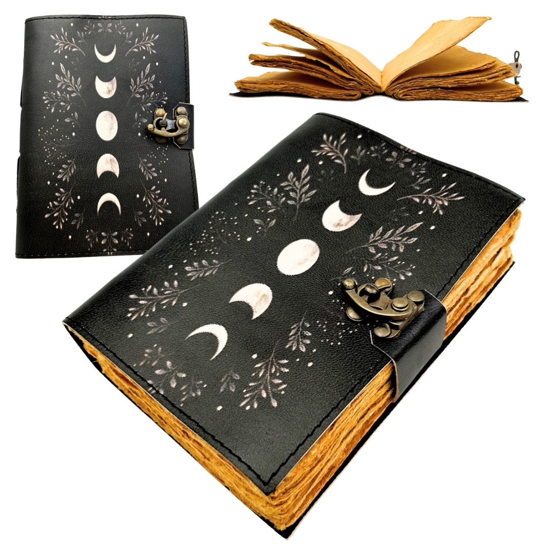 Cuaderno de Piel Retro con Fases de la Luna y Grabado