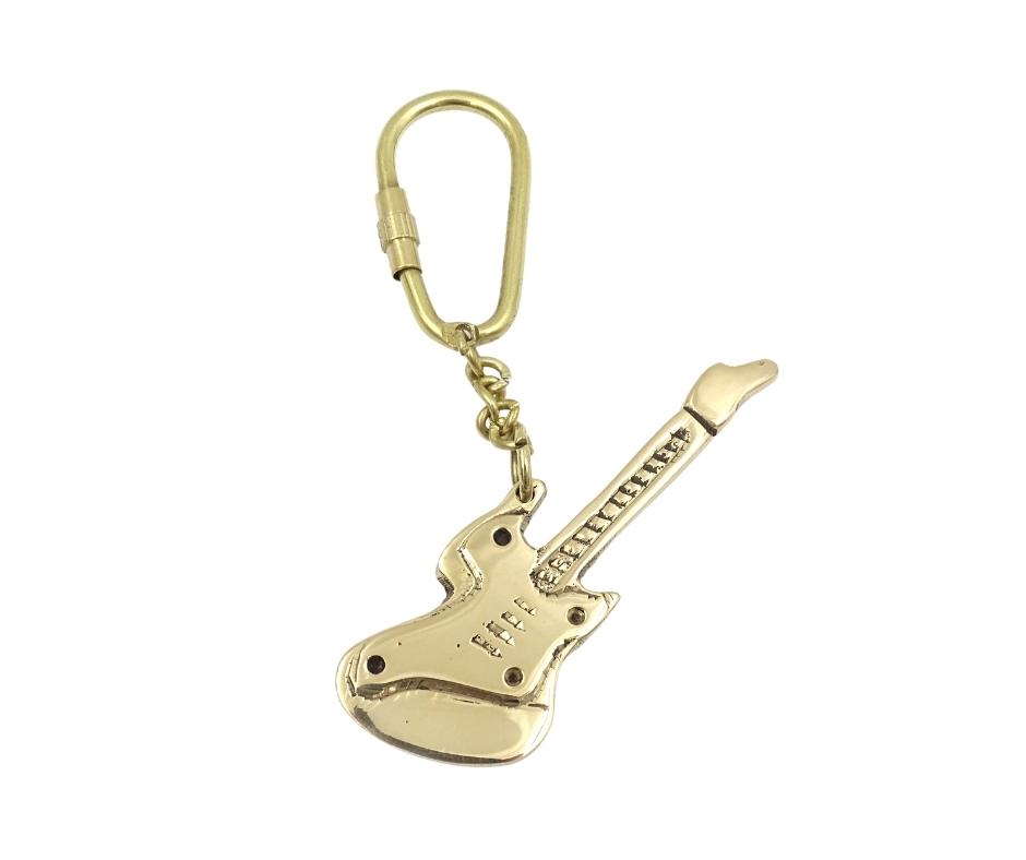 Mosiężny Brelok do Kluczy w Kształcie Gitary z Możliwością Personalizacji Grawerem – Elegancki Prezent dla Gitarzysty i Miłośnika Muzyki, 10 cm, Granatowe Pudełko