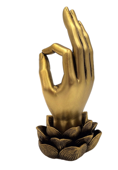 Figura dorada Mano de Buda Mudra OM con grabado - decoración elegante para regalo - flor de loto, 21 cm, polyresina, estilo glamour