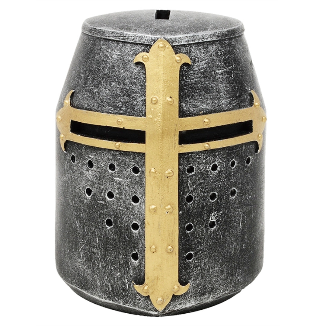 Hucha casco de caballero cruzado con personalización con grabado – regalo único estilo medieval, altura 10 cm, pintado a mano en poliresina