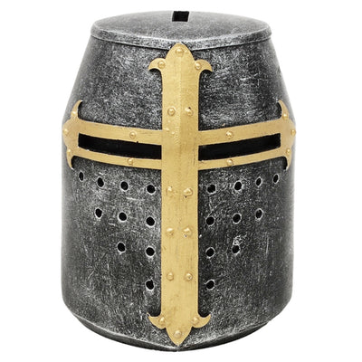 Hucha casco de caballero cruzado con personalización con grabado – regalo único estilo medieval, altura 10 cm, pintado a mano en poliresina