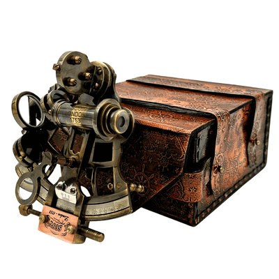 Sextante retro de latón en estuche de cuero - instrumento de navegación elegante con opción de grabado - regalo ideal para amantes de la navegación e historia - dimensiones 13x12x7 cm
