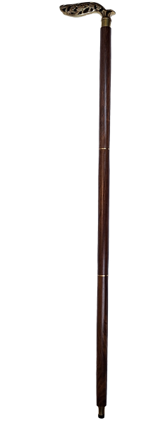 Elegante bastón plegable de madera con mango ricamente decorado en color marrón y dorado con posibilidad de personalización con grabado