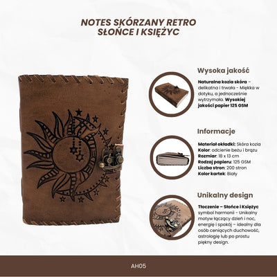 Cuaderno de cuero retro Sol y Luna de 200 páginas con posibilidad de personalización con grabado, beige y marrón, ideal para regalo a artistas o amantes de la magia cotidiana