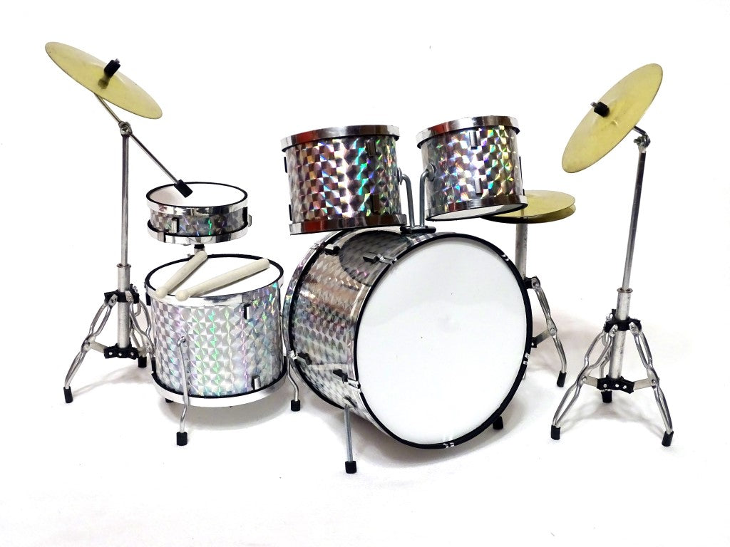 Mini batería coleccionable MDR-0039 en color plateado-cromado, escala 1:5, posibilidad de grabado personalizado, ideal para regalo, altura 15 cm, hecha de metal y plástico  