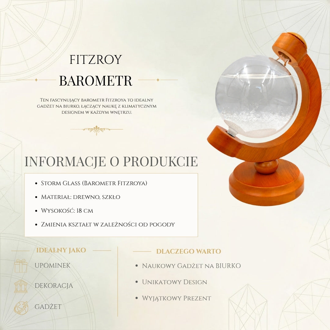 Barómetro de Tormenta Fitzroya Globo con Posibilidad de Grabado - Decoración Elegante para Escritorio en Vidrio y Madera, Altura 18,5 cm