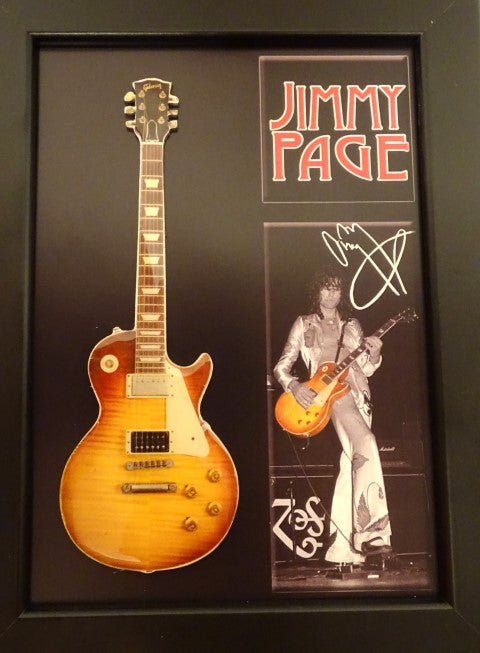 Mini guitarra estilo Jimmy Page con marco FMG-012, posibilidad de personalización con grabado, ideal para regalo, marco de madera 1,3 cm x 16 cm x 21,4 cm, mini guitarra de acero para colocar o colgar en la pared