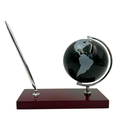 Elegante Set Decorativo para Escritorio con Grabado Personalizado - Globo Soporte para Bolígrafo en Metal Cromado y Madera Oscura
