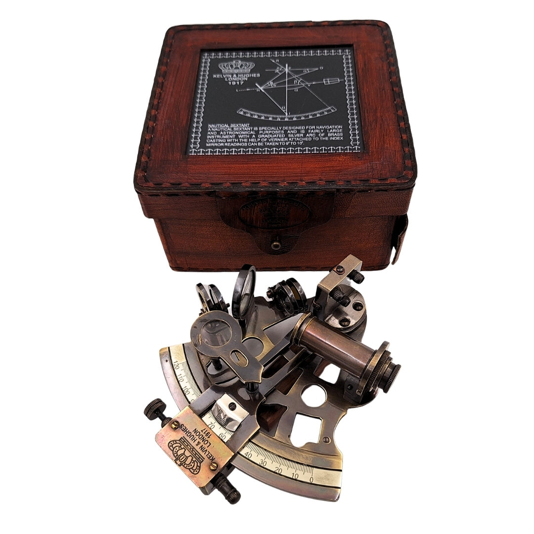 Sextante de latón con grabado en caja de cuero - réplica de 1917, ideal para regalo a navegantes y astrónomos, dimensiones 13x12x6 cm, antigüedad, material: latón y vidrio