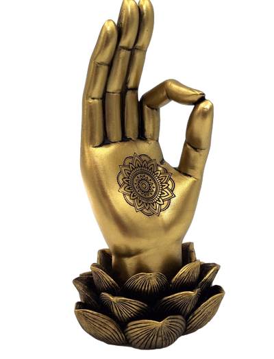 Figura dorada Mano de Buda Mudra OM con grabado - decoración elegante para regalo - flor de loto, 21 cm, polyresina, estilo glamour