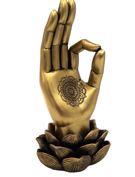 Figura dorada Mano de Buda Mudra OM con grabado - decoración elegante para regalo - flor de loto, 21 cm, polyresina, estilo glamour