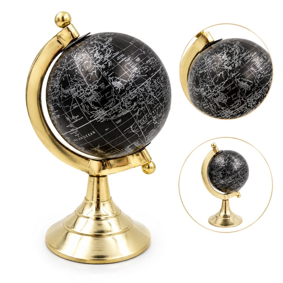 Globo decorativo Black & Gold con posibilidad de grabado personalizado – accesorio elegante para regalo, altura 20 cm, base de latón, mapa negro con inscripciones plateadas
