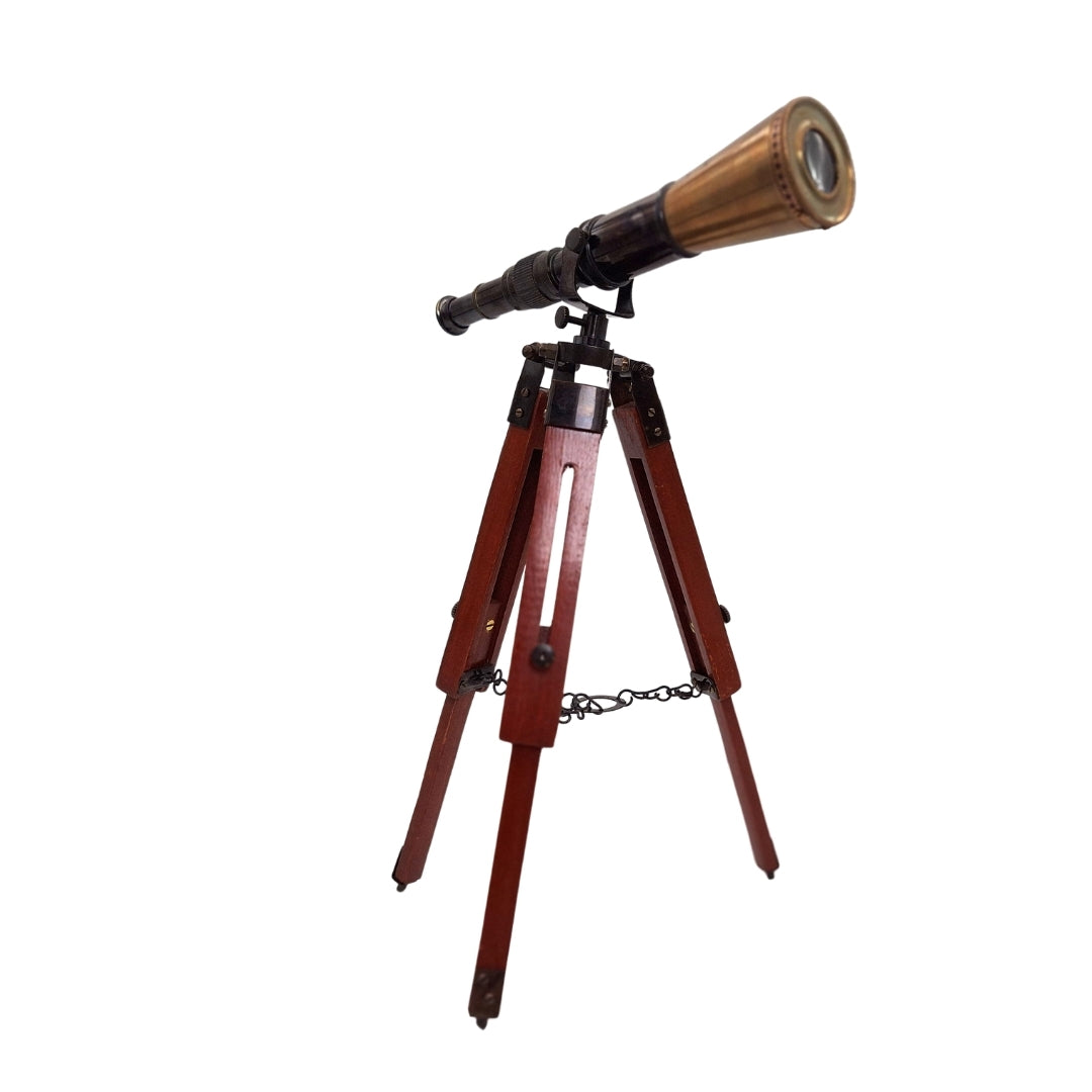 Catalejo de latón con trípode con posibilidad de personalización mediante grabado - elemento decorativo elegante para regalo, altura regulable hasta 30 cm