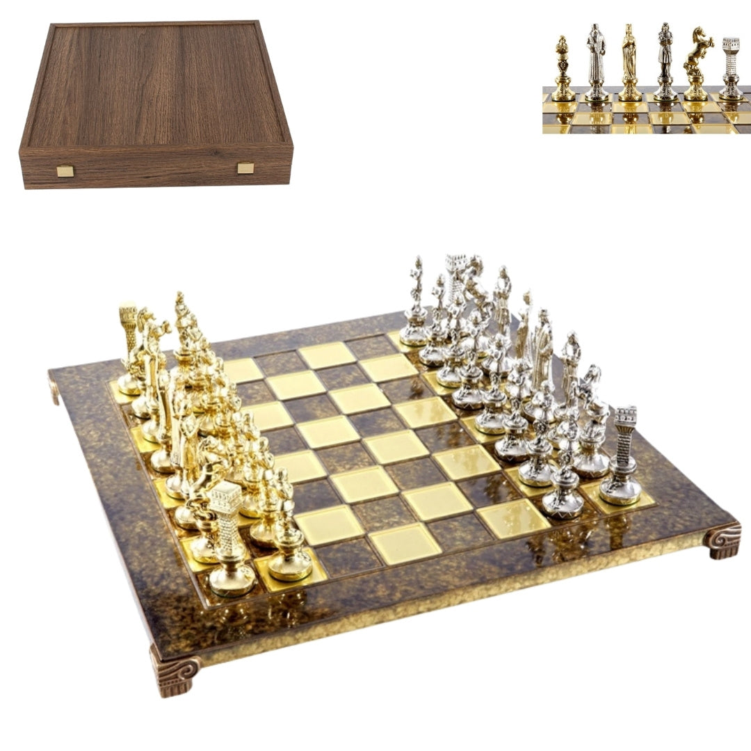 Ajedrez metálico exclusivo Renacimiento S9BRGS 36x36 cm dorado y plateado con posibilidad de grabado personalizado
