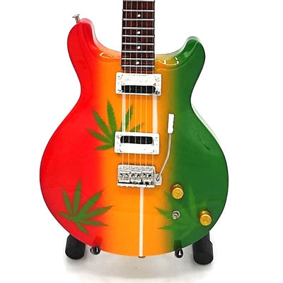Mini guitarra Bob Marley Tribute Ganja MGT-0468 con posibilidad de grabado personalizado, regalo ideal para fans del reggae, hecha a mano en madera de caoba, altura 27,5 cm, colores amarillo, rojo, verde, blanco  