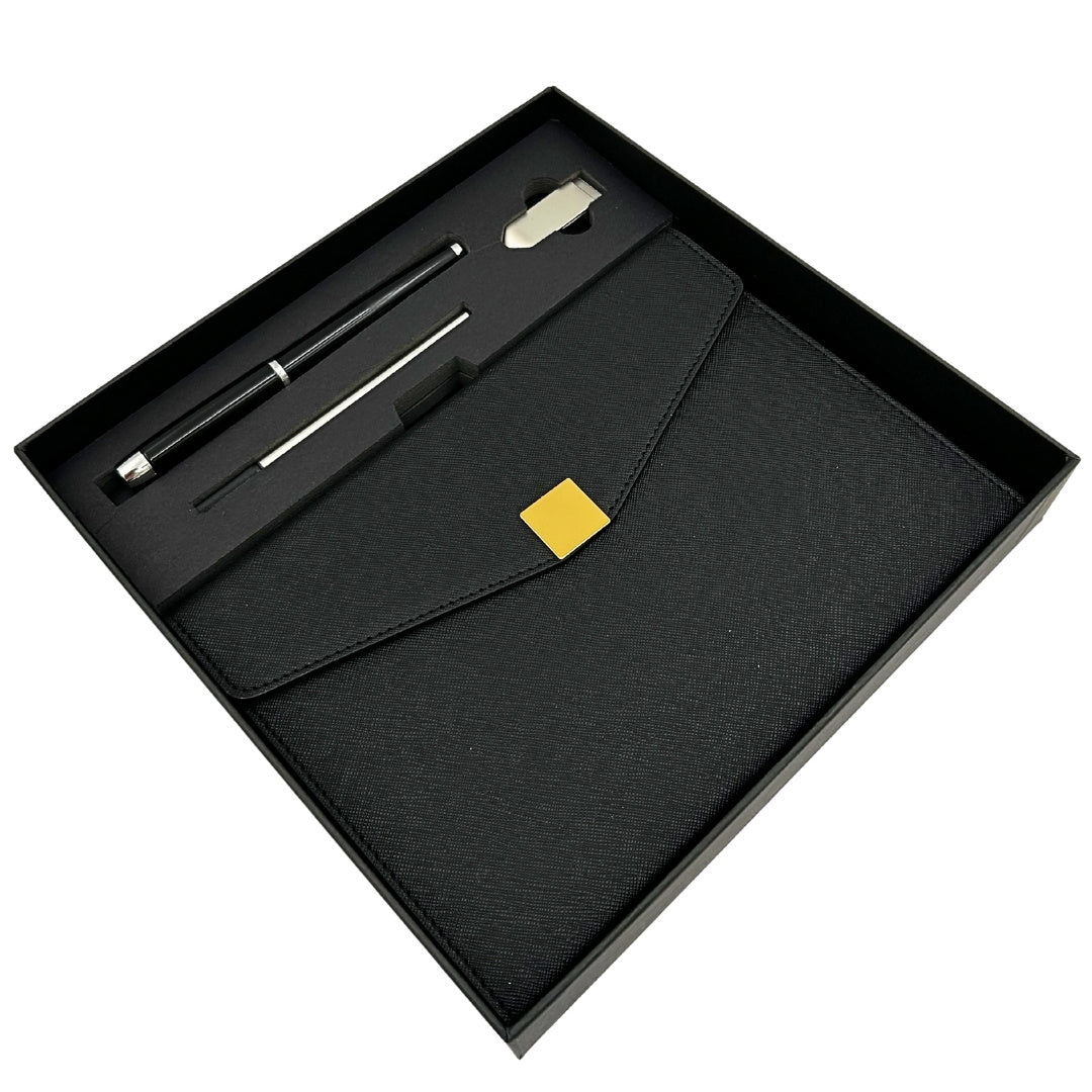 Elegante set de regalo premium con personalización – Cuaderno de cuero A5, bolígrafo y pendrive de 16GB en caja negro y dorado