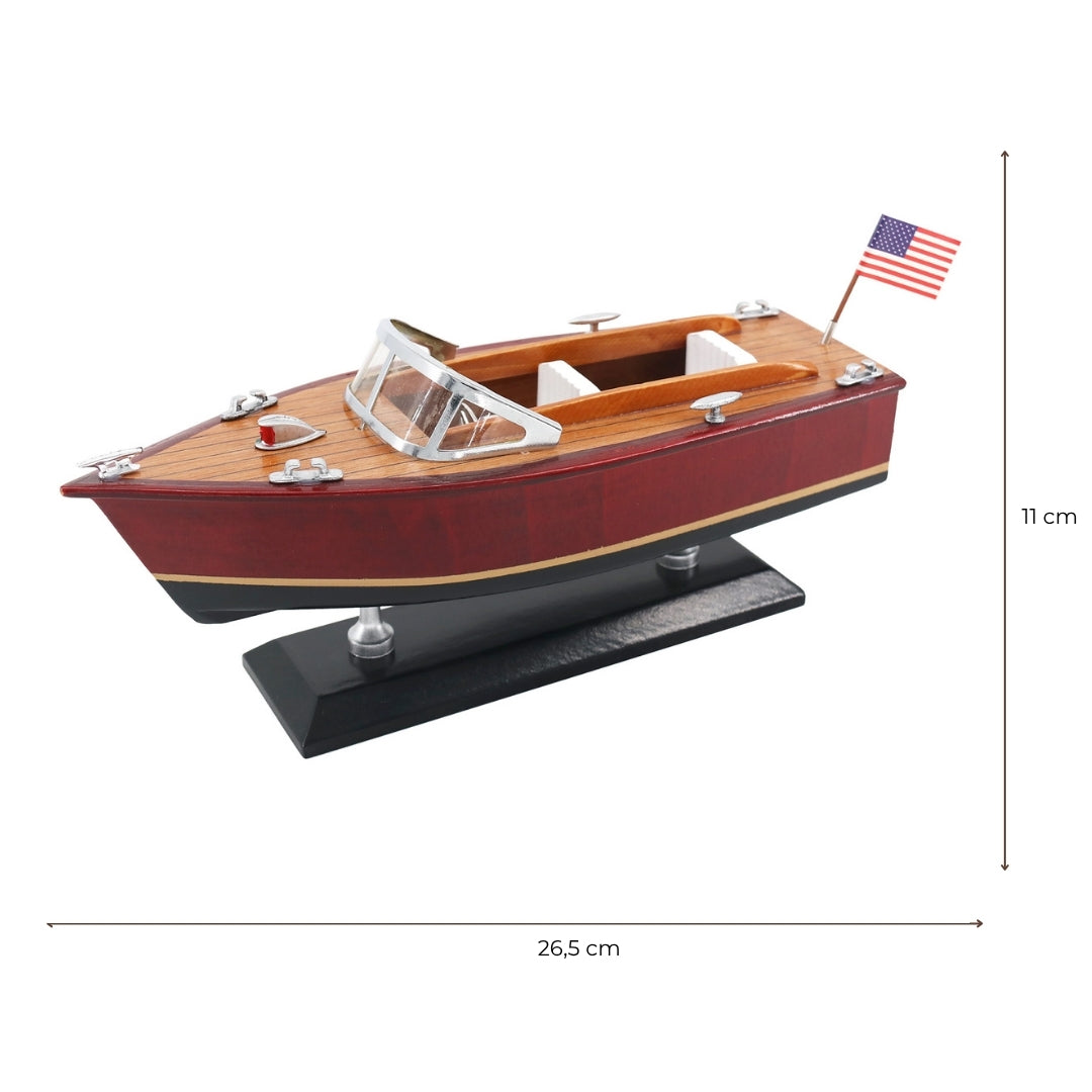 Modelo de lancha motora de madera con grabado – barco motor clásico 26 cm en tonos profundos de madera