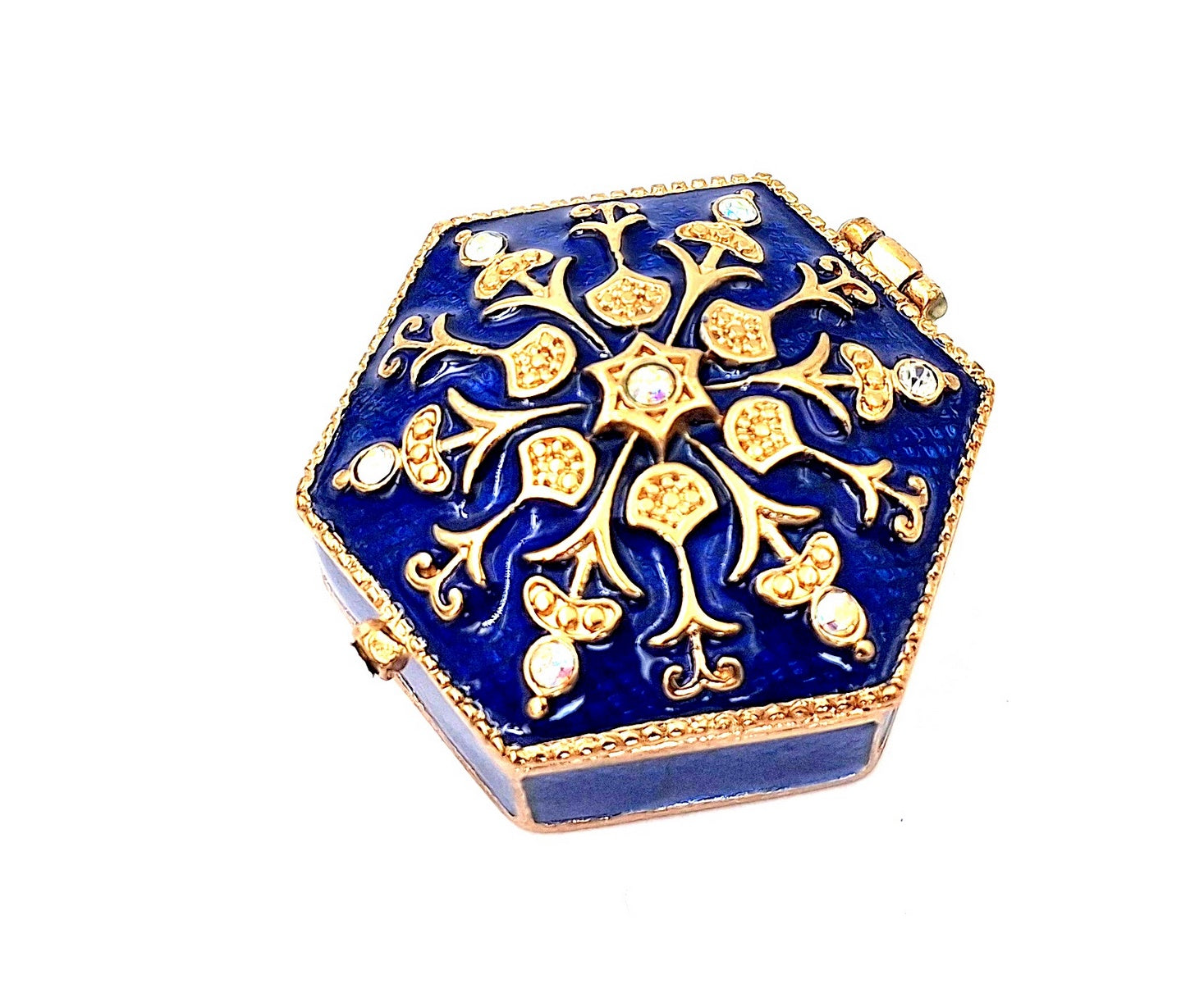 Elegante caja metálica de regalo con cristales B0035-08BL en colores azul marino y dorado con posibilidad de personalización con grabado