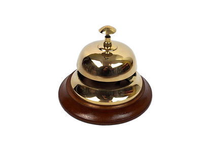 Gong de latón para hotel sobre base de madera TB27/4 con posibilidad de personalización mediante grabado, regalo elegante en color dorado y marrón, altura 11 cm, diámetro 12 cm